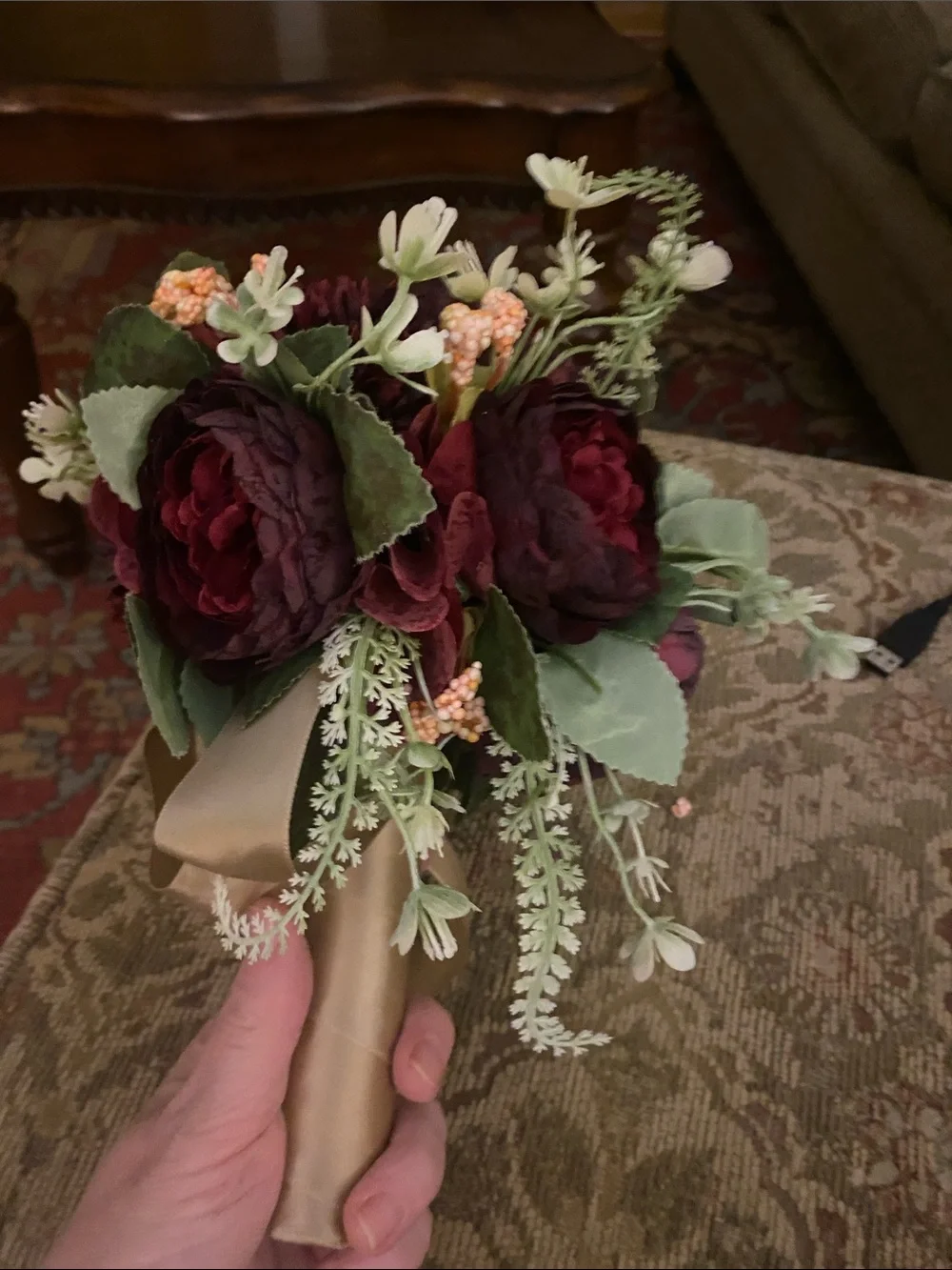 Artificial Burgundy Floral Bouquet with Greenery - bridal bouquet